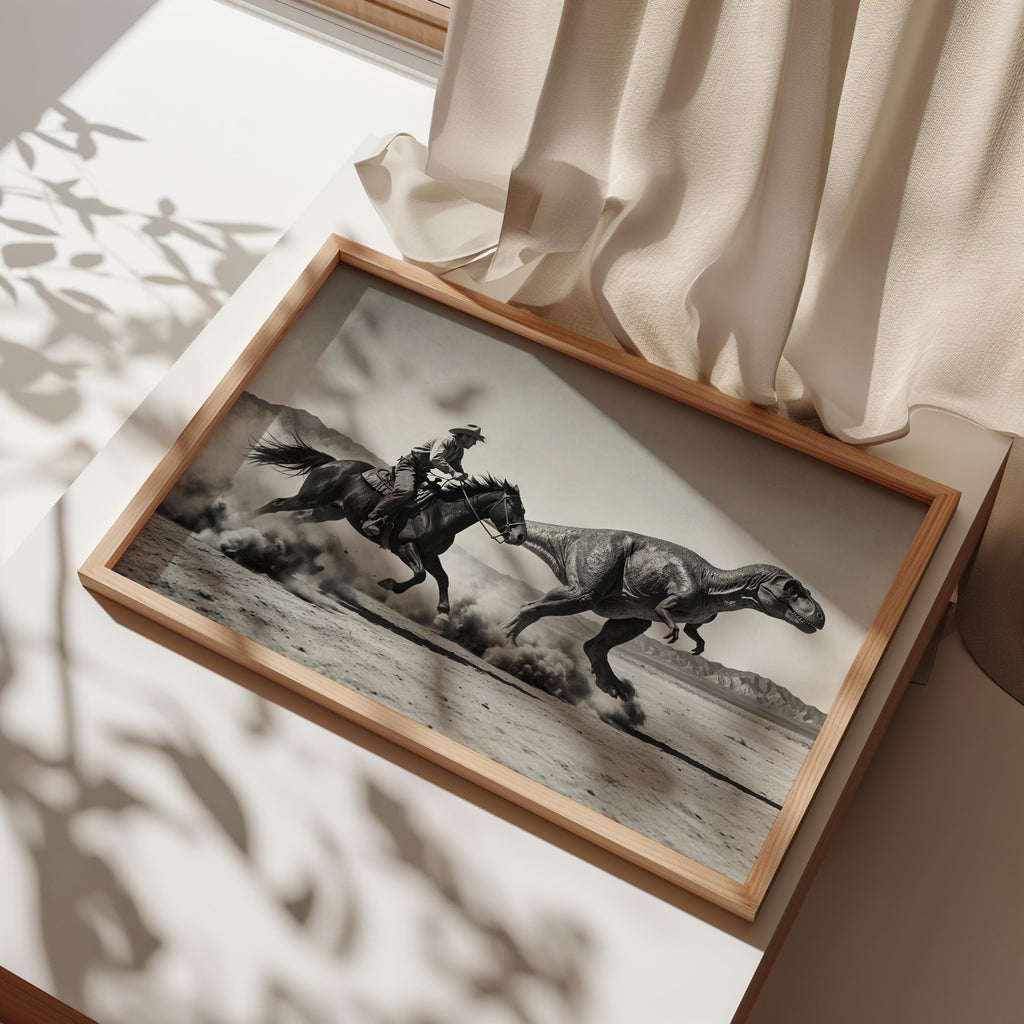 Angled, framed dinosaur cowboy wall art casting patterned sunlight, cinematic motion and retro frontier styling in wood frame