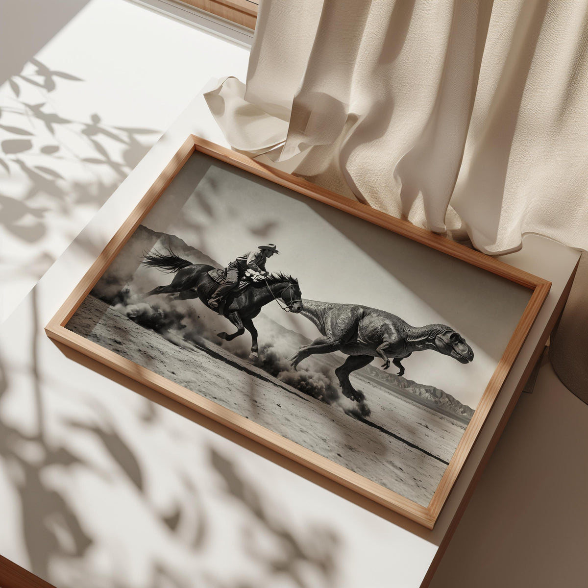Angled, framed dinosaur cowboy wall art casting patterned sunlight, cinematic motion and retro frontier styling in wood frame
