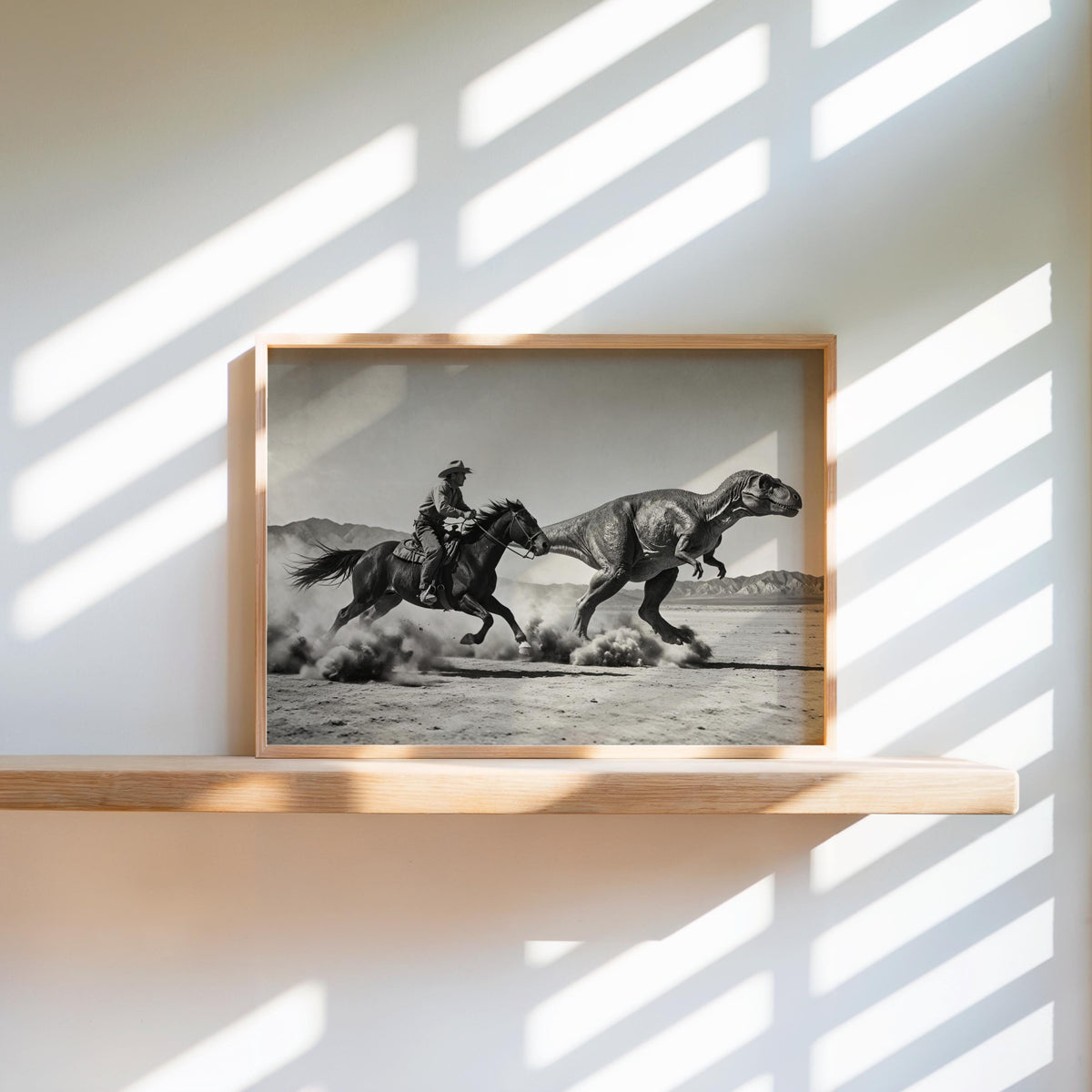 Framed prehistoric western print on a floating shelf, sunlit stripe patterns, wooden frame and ranch decor atmosphere