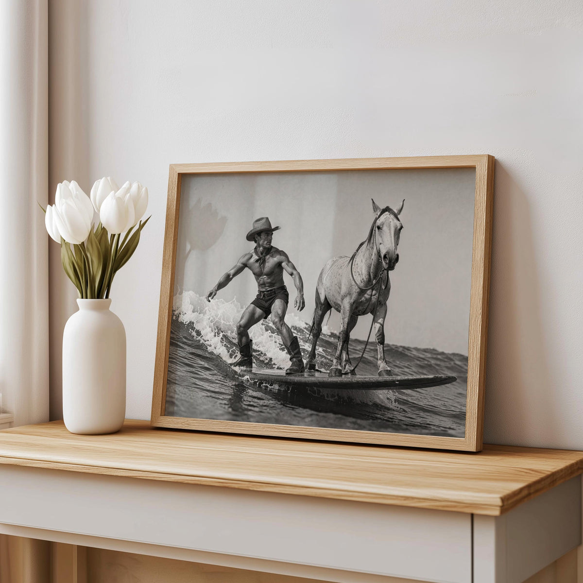 Cowboy Surfing with Horse Art Print, Western Beach Wall Decor, Vintage 1950s Surfboard Photography, Funny Black and White Coastal Poster