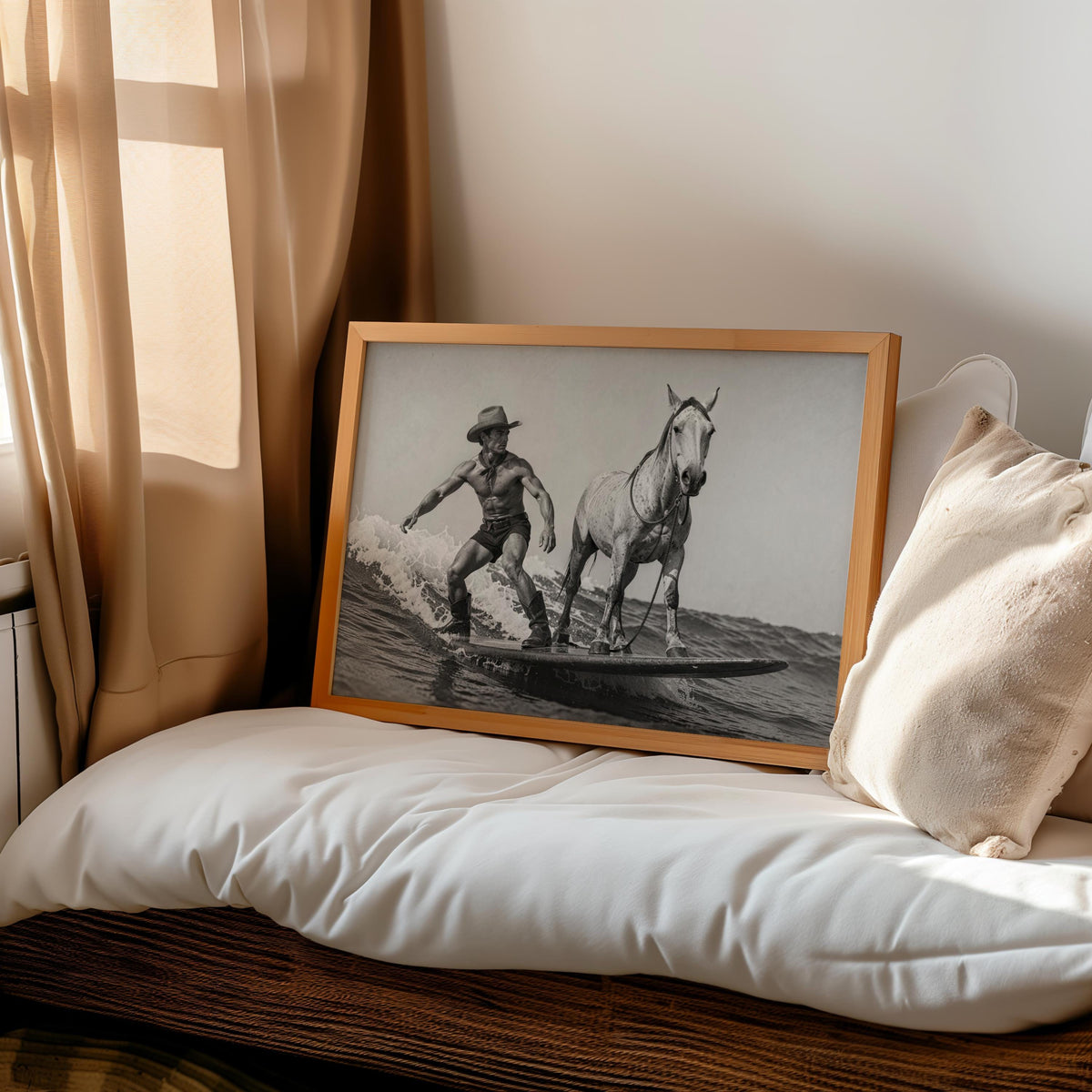 Cowboy Surfing with Horse Art Print, Western Beach Wall Decor, Vintage 1950s Surfboard Photography, Funny Black and White Coastal Poster