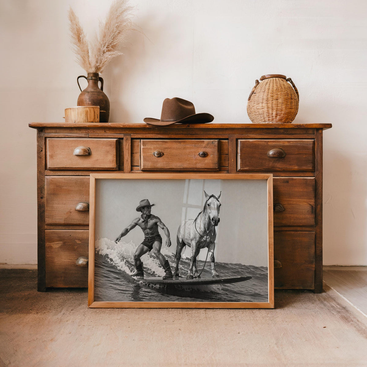 Cowboy Surfing with Horse Art Print, Western Beach Wall Decor, Vintage 1950s Surfboard Photography, Funny Black and White Coastal Poster