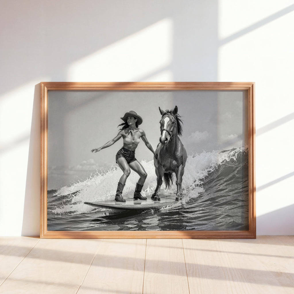 Warm wood frame leaning on a sunlit table, cinematic black-and-white cowgirl horse wall art, surfing scene