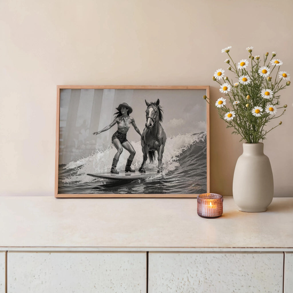 Low console display with vase of blooms, framed cowgirl horse wall art adds coastal western wall decor charm