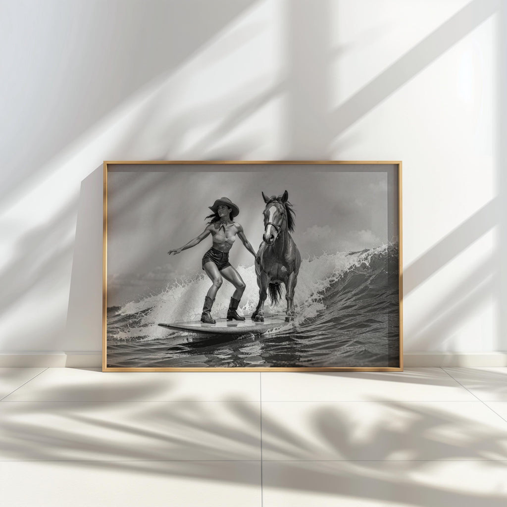 Sunlight and palm-like shadows cast across framed cowgirl horse wall art, vintage black and white horse print