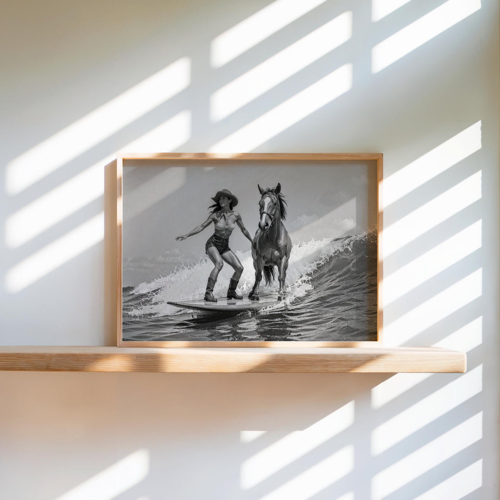 Floating shelf vignette with warm frame, cowgirl horse wall art in cinematic monochrome, soft sunbeams