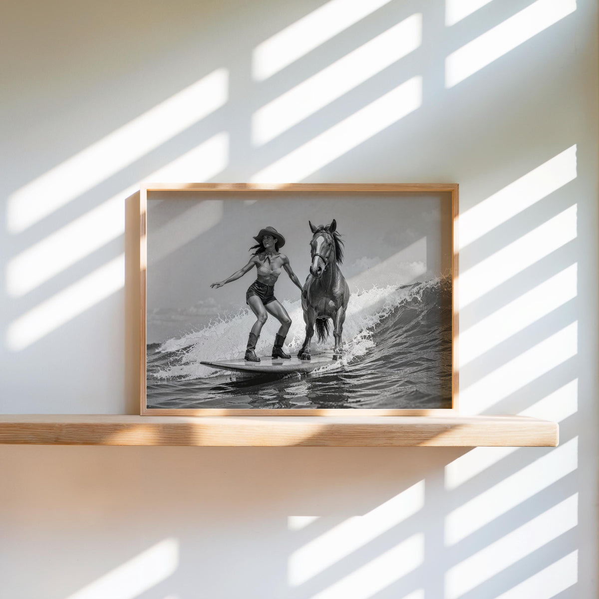 Floating shelf vignette with warm frame, cowgirl horse wall art in cinematic monochrome, soft sunbeams