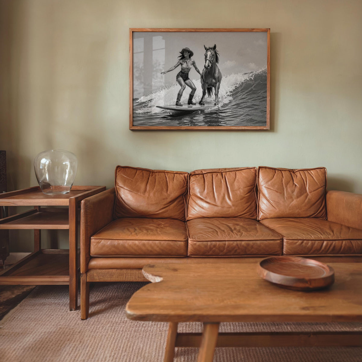 Cowgirl horse wall art centered above leather sofa, equestrian wall decor with beach house and ranch style