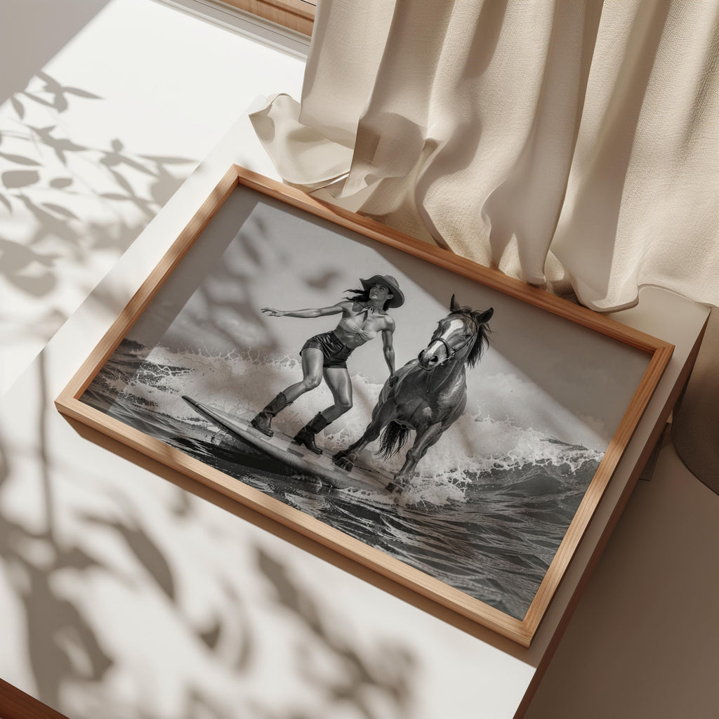 Framed cowgirl horse wall art angled in packaging, warm wood frame, black-and-white surfing horse composition