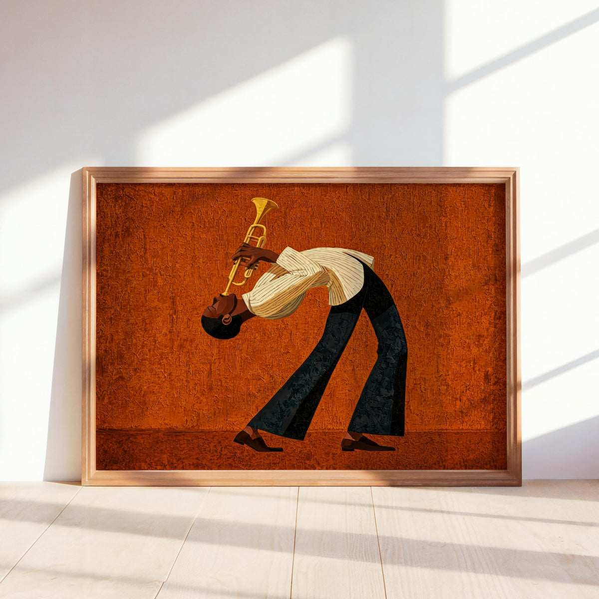 Jazz Trumpet Player Horizontal Print, Afrocentric Mid Century Wall Art, Retro African American Musician Print, Moody Black Culture Painting