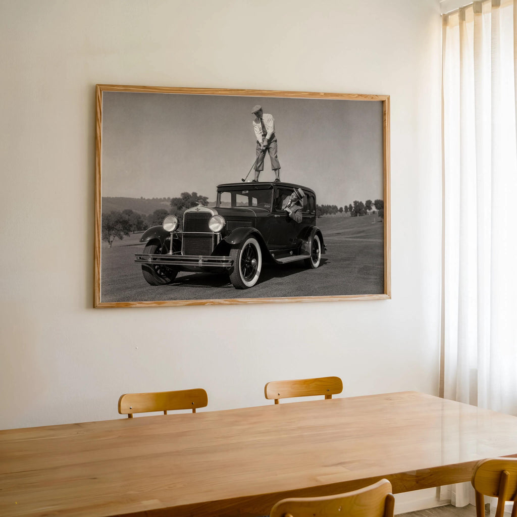 Golfer on Classic Car Photography Print, Vintage Golf Wall Art, Funny Golfer Gift, 1930s Country Club Decor, Black White Sports Artwork