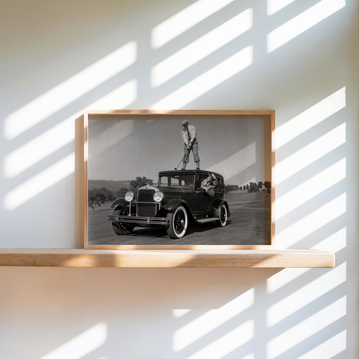 Golfer on Classic Car Photography Print, Vintage Golf Wall Art, Funny Golfer Gift, 1930s Country Club Decor, Black White Sports Artwork