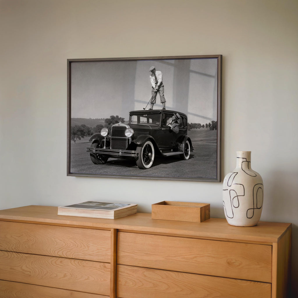 Golfer on Classic Car Photography Print, Vintage Golf Wall Art, Funny Golfer Gift, 1930s Country Club Decor, Black White Sports Artwork