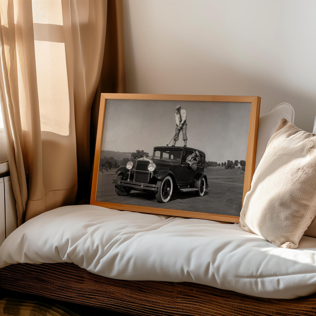 Golfer on Classic Car Photography Print, Vintage Golf Wall Art, Funny Golfer Gift, 1930s Country Club Decor, Black White Sports Artwork