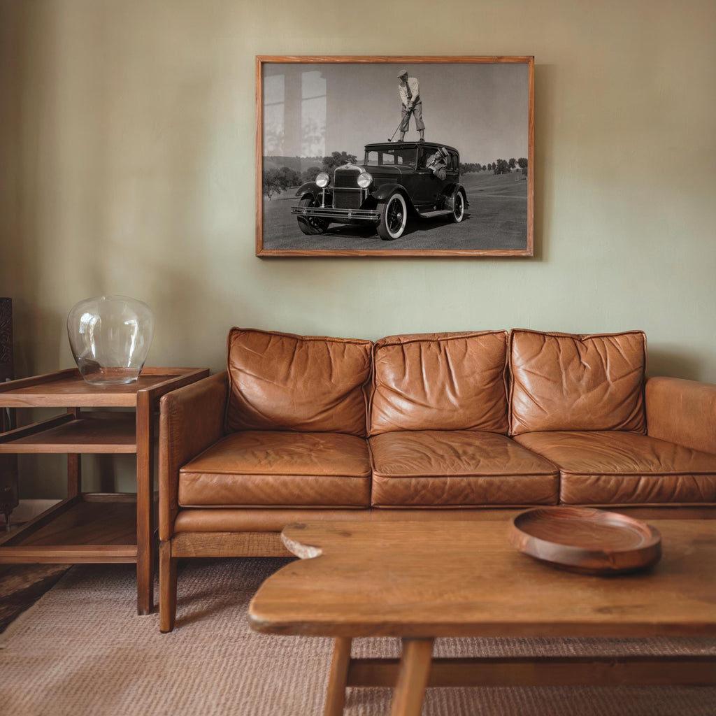 Golfer on Classic Car Photography Print, Vintage Golf Wall Art, Funny Golfer Gift, 1930s Country Club Decor, Black White Sports Artwork
