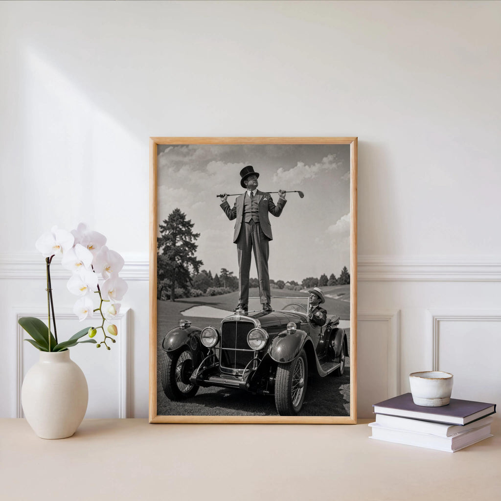 Retro Golf Poster, Antique Convertible Classic Car & Gentleman Golfer Print, Funny American Vintage Automotive Wall Art, Americana Man Cave