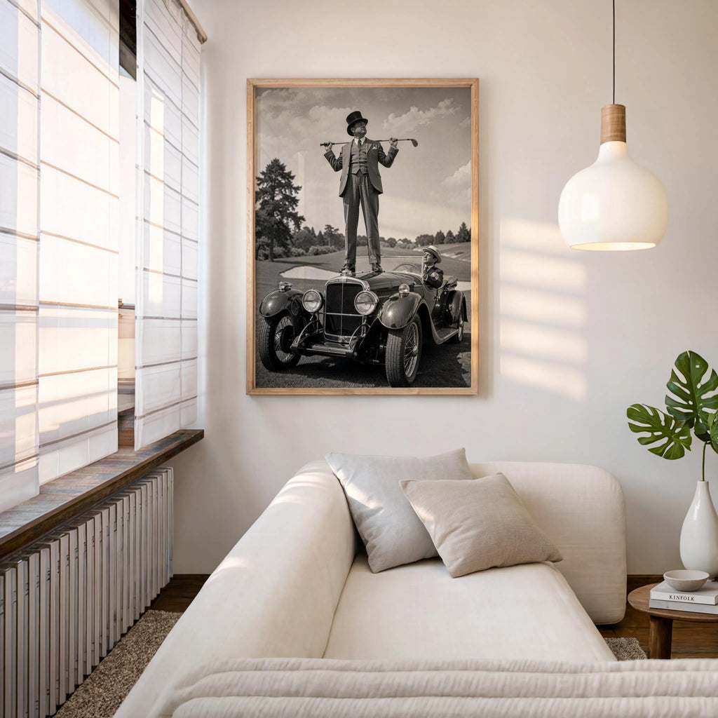 Retro Golf Poster, Antique Convertible Classic Car & Gentleman Golfer Print, Funny American Vintage Automotive Wall Art, Americana Man Cave