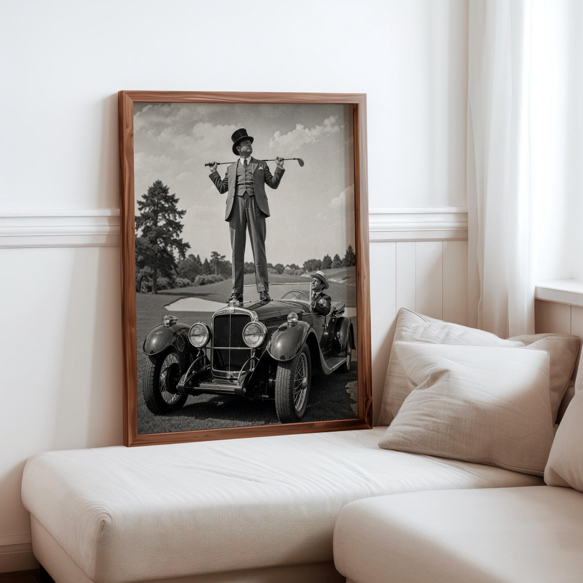 Retro Golf Poster, Antique Convertible Classic Car & Gentleman Golfer Print, Funny American Vintage Automotive Wall Art, Americana Man Cave