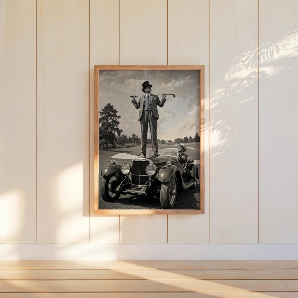 Retro Golf Poster, Antique Convertible Classic Car & Gentleman Golfer Print, Funny American Vintage Automotive Wall Art, Americana Man Cave