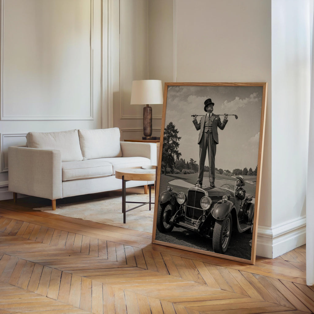 Retro Golf Poster, Antique Convertible Classic Car & Gentleman Golfer Print, Funny American Vintage Automotive Wall Art, Americana Man Cave
