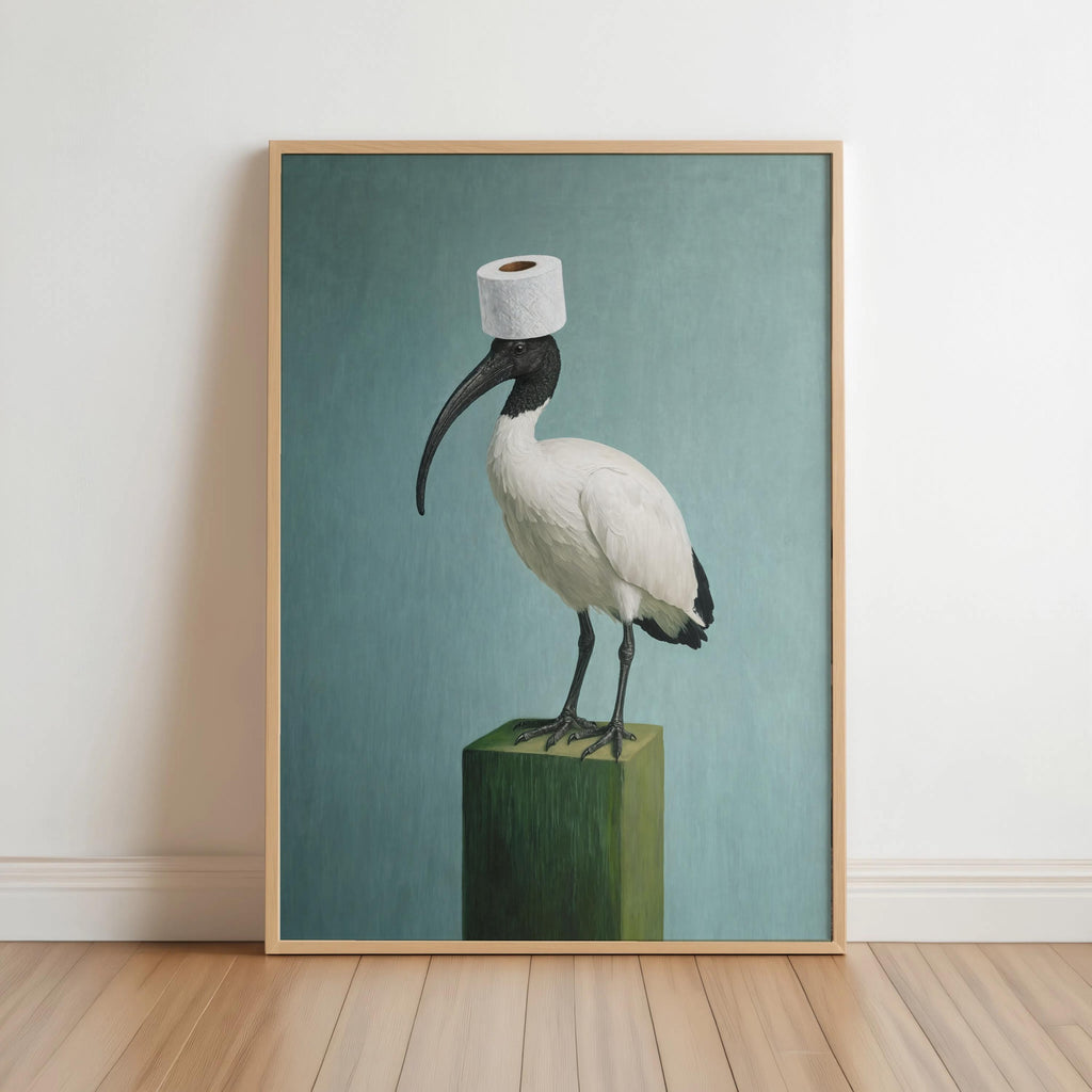 Funny Bin Chicken Art Print, Toilet Humor print, Surreal Australian Ibis Painting, Quirky Bird Wall Decor, Bathroom Housewarming Gift