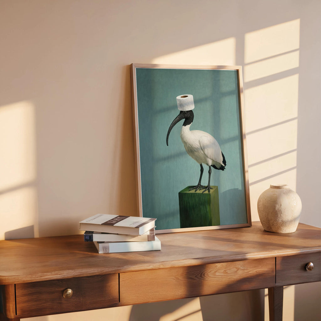 Funny Bin Chicken Art Print, Toilet Humor print, Surreal Australian Ibis Painting, Quirky Bird Wall Decor, Bathroom Housewarming Gift