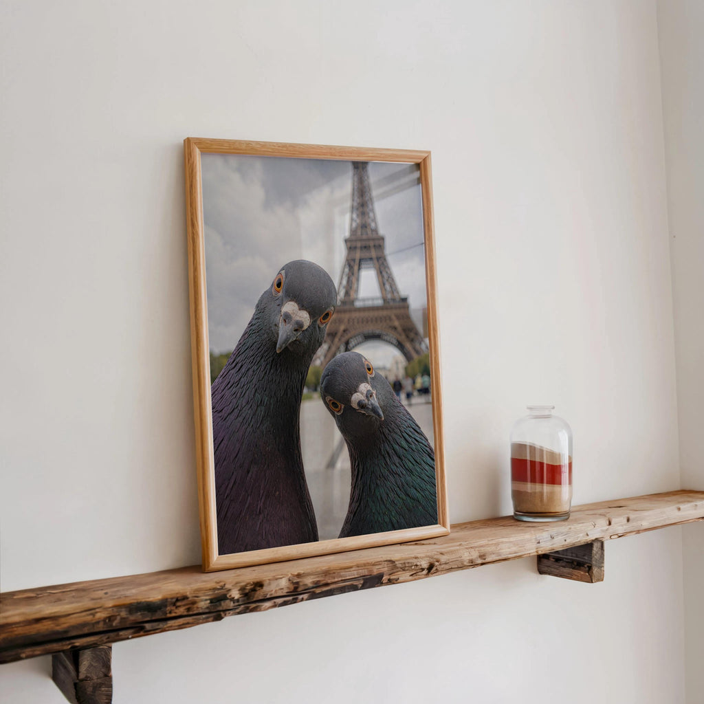 Funny Pigeon Wall Art Print, Paris Eiffel Tower Poster, Curious Bird Photography, Quirky Animal Lover Gift, Retro France Art for Living Room