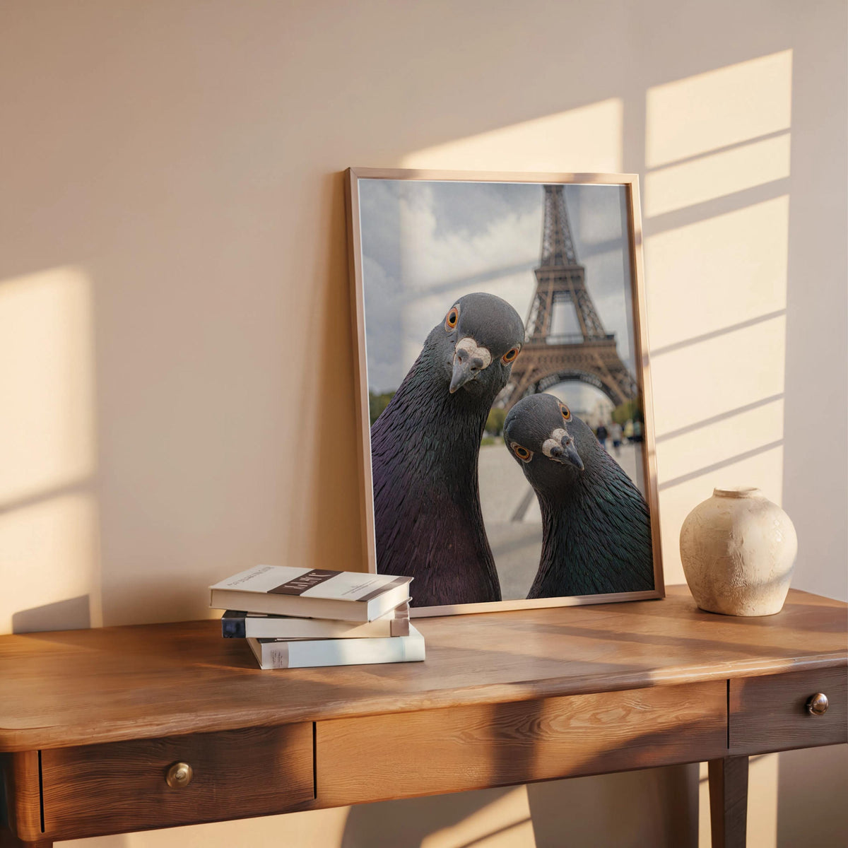Funny Pigeon Wall Art Print, Paris Eiffel Tower Poster, Curious Bird Photography, Quirky Animal Lover Gift, Retro France Art for Living Room