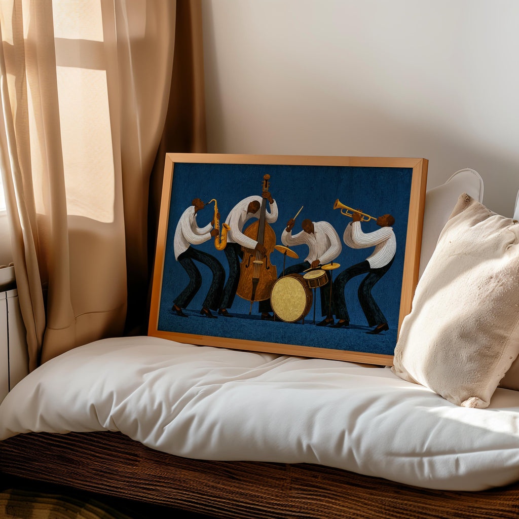 Vibrant Jazz Orchestra Print, Abstract African American Music Wall Art, Afrocentric Black Culture Poster, Mid Century Jazz Band Decor