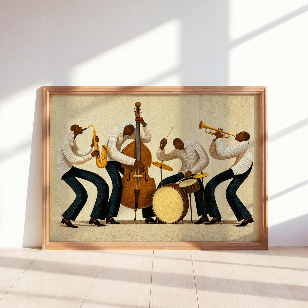 Vibrant Jazz Orchestra Print, Abstract African American Music Wall Art, Afrocentric Black Culture Poster, Mid Century Jazz Band Decor