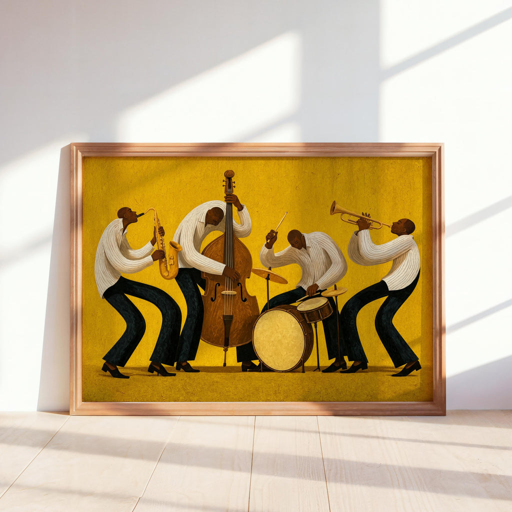 Vibrant Jazz Orchestra Print, Abstract African American Music Wall Art, Afrocentric Black Culture Poster, Mid Century Jazz Band Decor