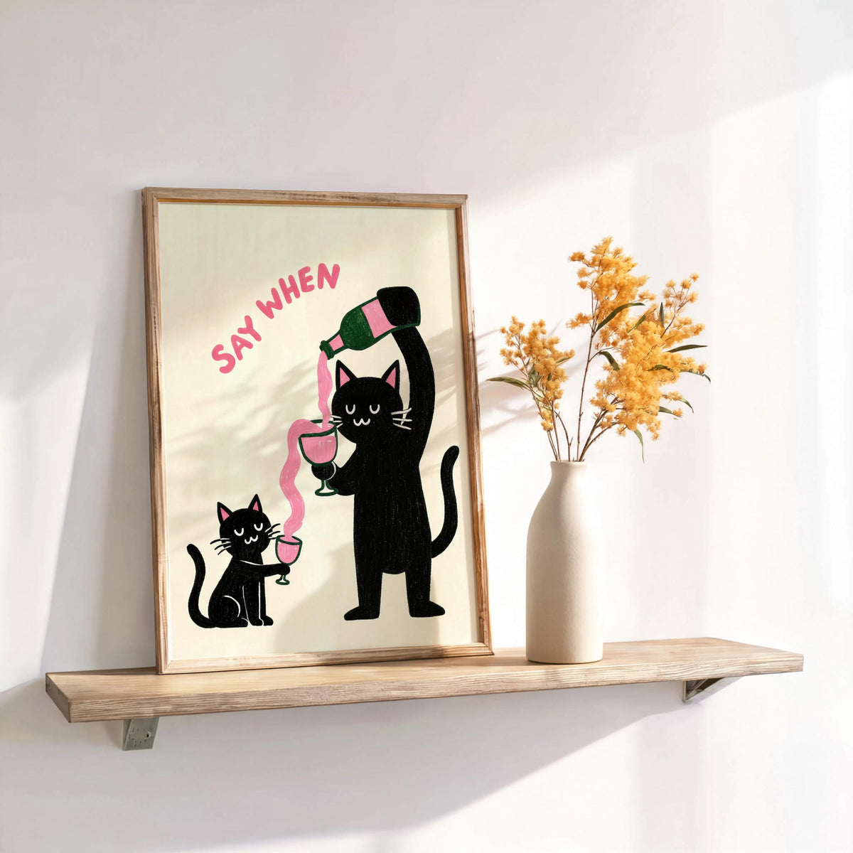 Cat Drinking Wine Poster, "Tell me when" Humorous Animal Art Print, Funny Pet Decor, Wine Enthusiast Gift, Minimalist Cat Illustration