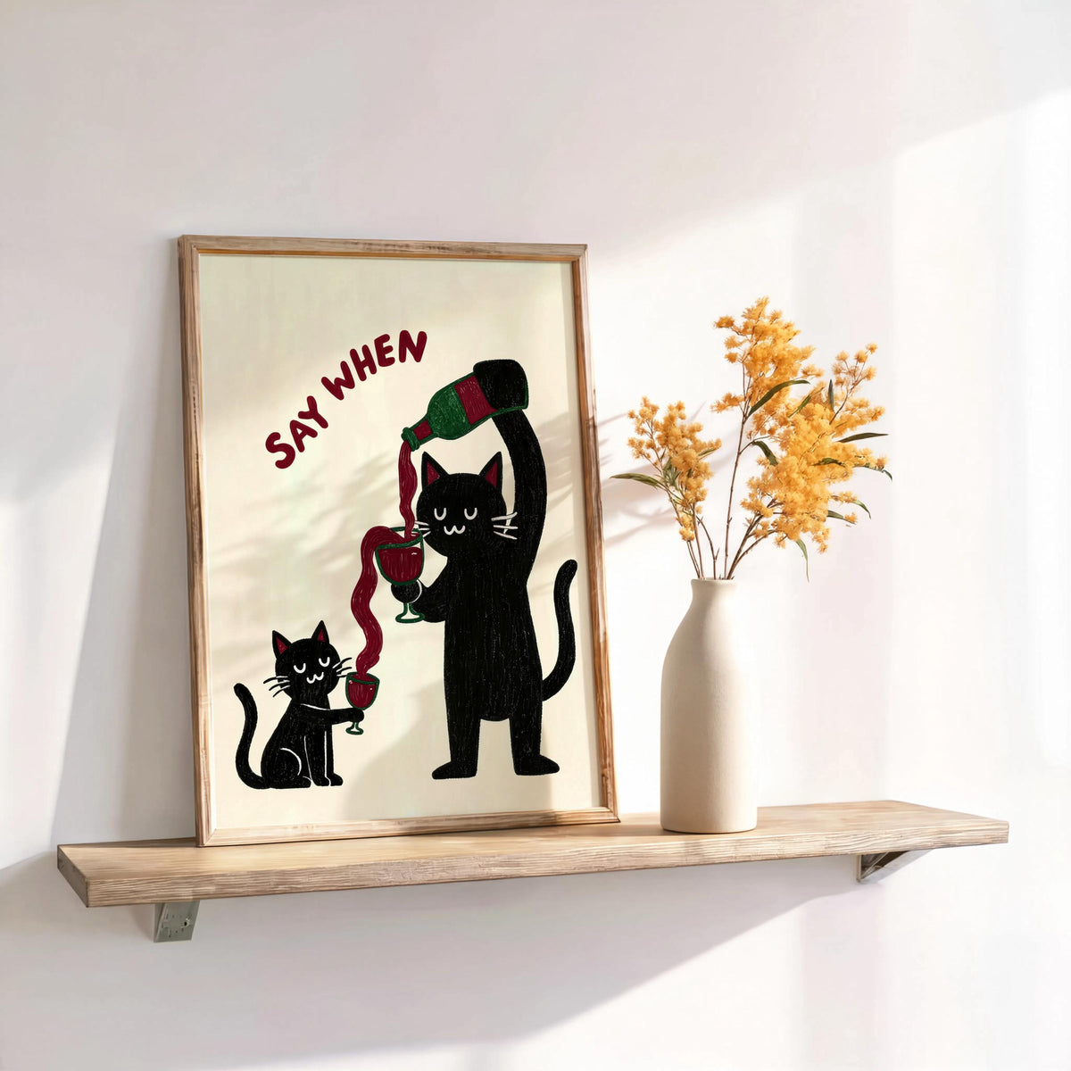 Cat Drinking Wine Poster, "Tell me when" Humorous Animal Art Print, Funny Pet Decor, Wine Enthusiast Gift, Minimalist Cat Illustration