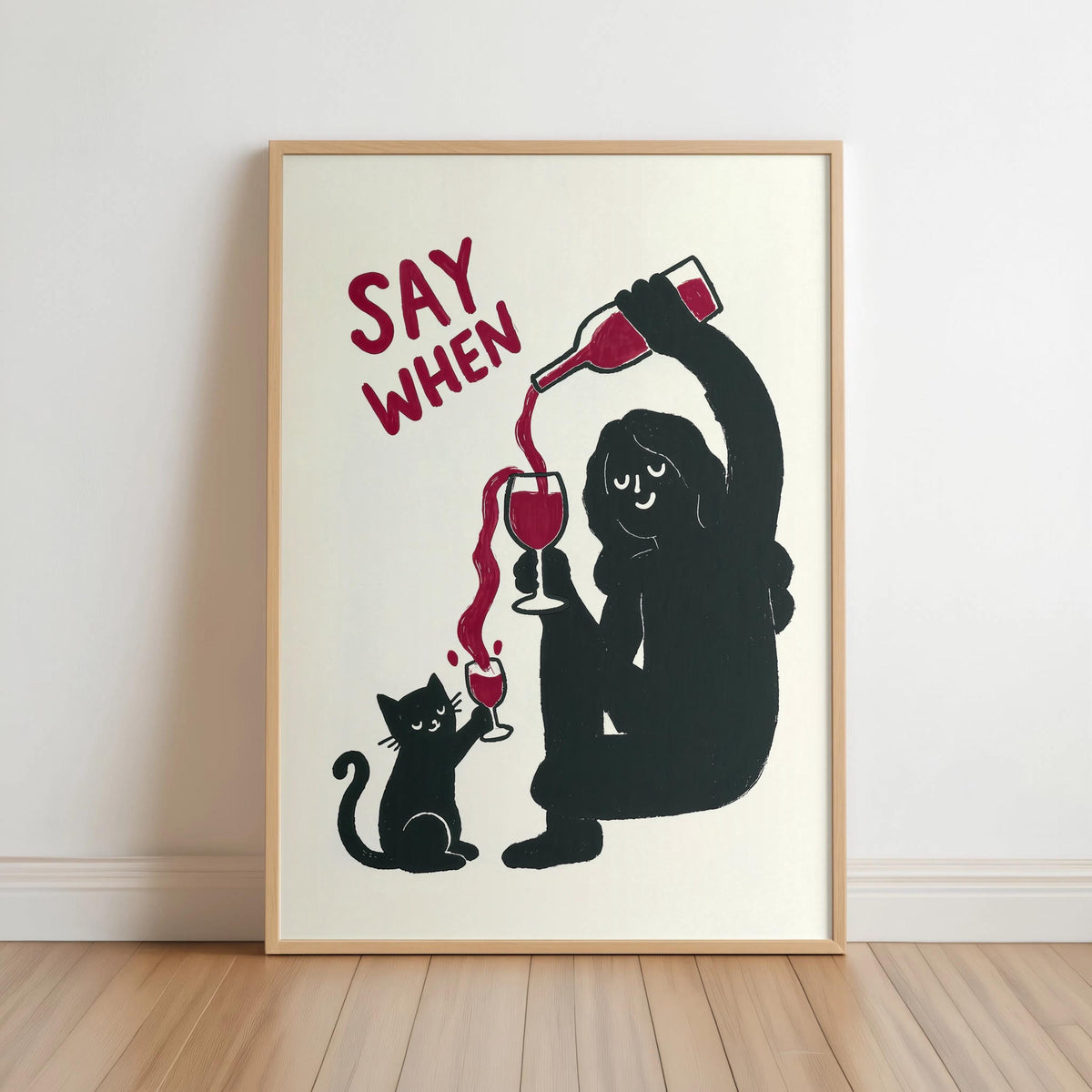 Say When Wine VS Black Cat Funny Art Print, Humorous Kitchen Decor, Quirky Childless Cat Lady Illustration, Minimalist Bar Cart Gift