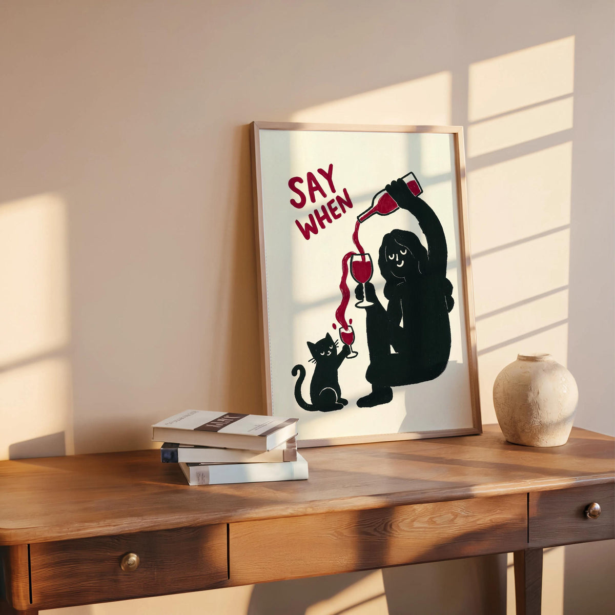 Say When Wine VS Black Cat Funny Art Print, Humorous Kitchen Decor, Quirky Childless Cat Lady Illustration, Minimalist Bar Cart Gift