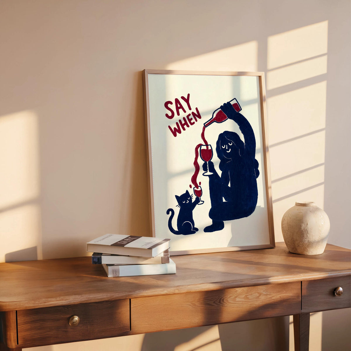 Say When Wine VS Black Cat Funny Art Print, Humorous Kitchen Decor, Quirky Childless Cat Lady Illustration, Minimalist Bar Cart Gift