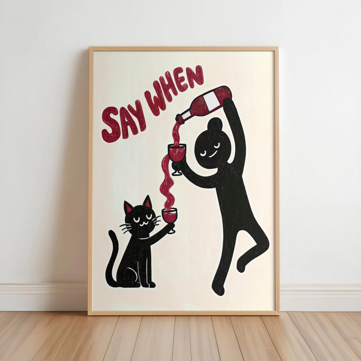Funny Black Cat VS Wine Art Print, Say When Humorous Kitchen Illustration, Minimalist Childless Cat Lady Decor, Quirky Bar Cart Gift