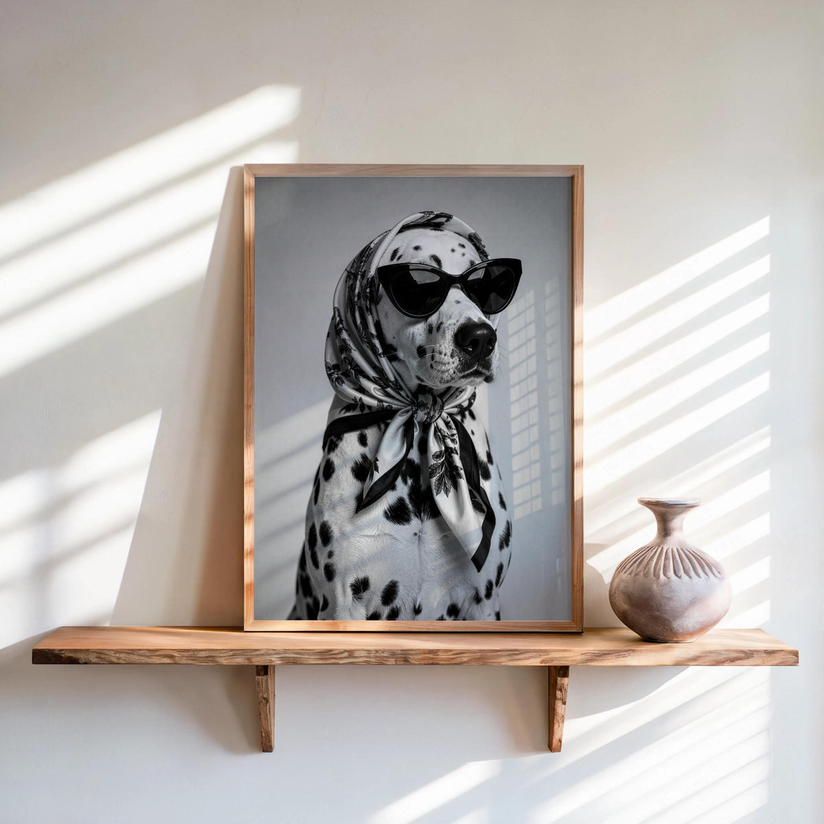 Funny Dalmatian Poster, Chic Dog Wall Decor, Vintage Animal Print, Stylish Pet Artwork, Black White Photo Art, Quirky Home Photography