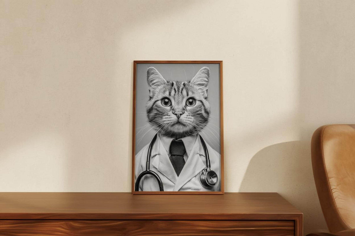 Framed black and white cat doctor print leaning on hardwood floor, funny veterinarian office wall art with stethoscope detail
