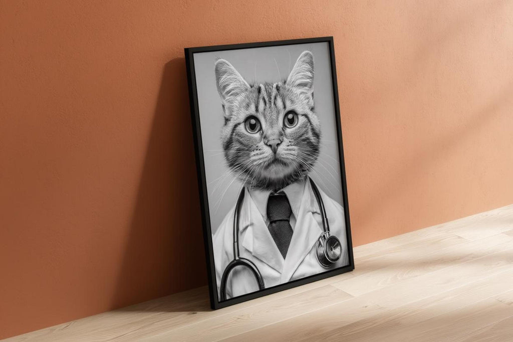 Framed black and white cat doctor print leaning on hardwood floor, funny veterinarian office wall art with stethoscope detail