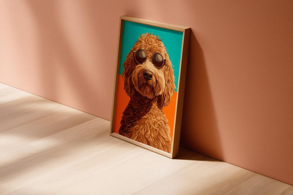 Tilting labradoodle wall art against a warm wall, funny dog wall art energy, exaggerated shaggy texture and color.