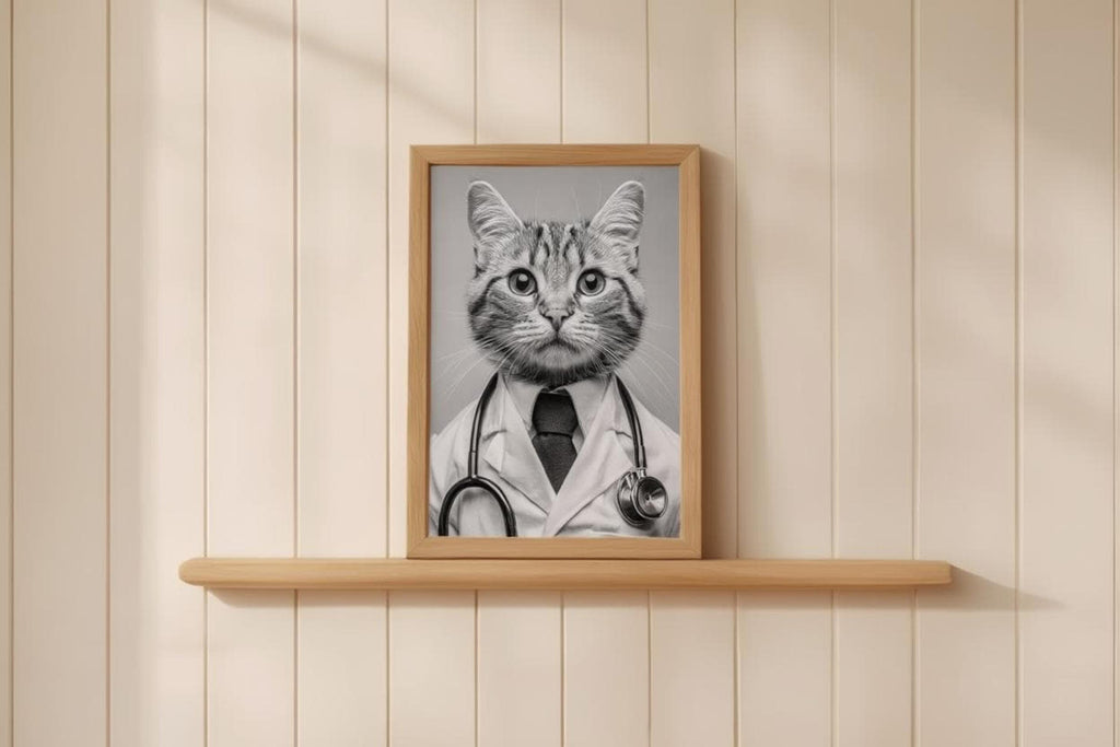 Framed black and white cat doctor print leaning on hardwood floor, funny veterinarian office wall art with stethoscope detail
