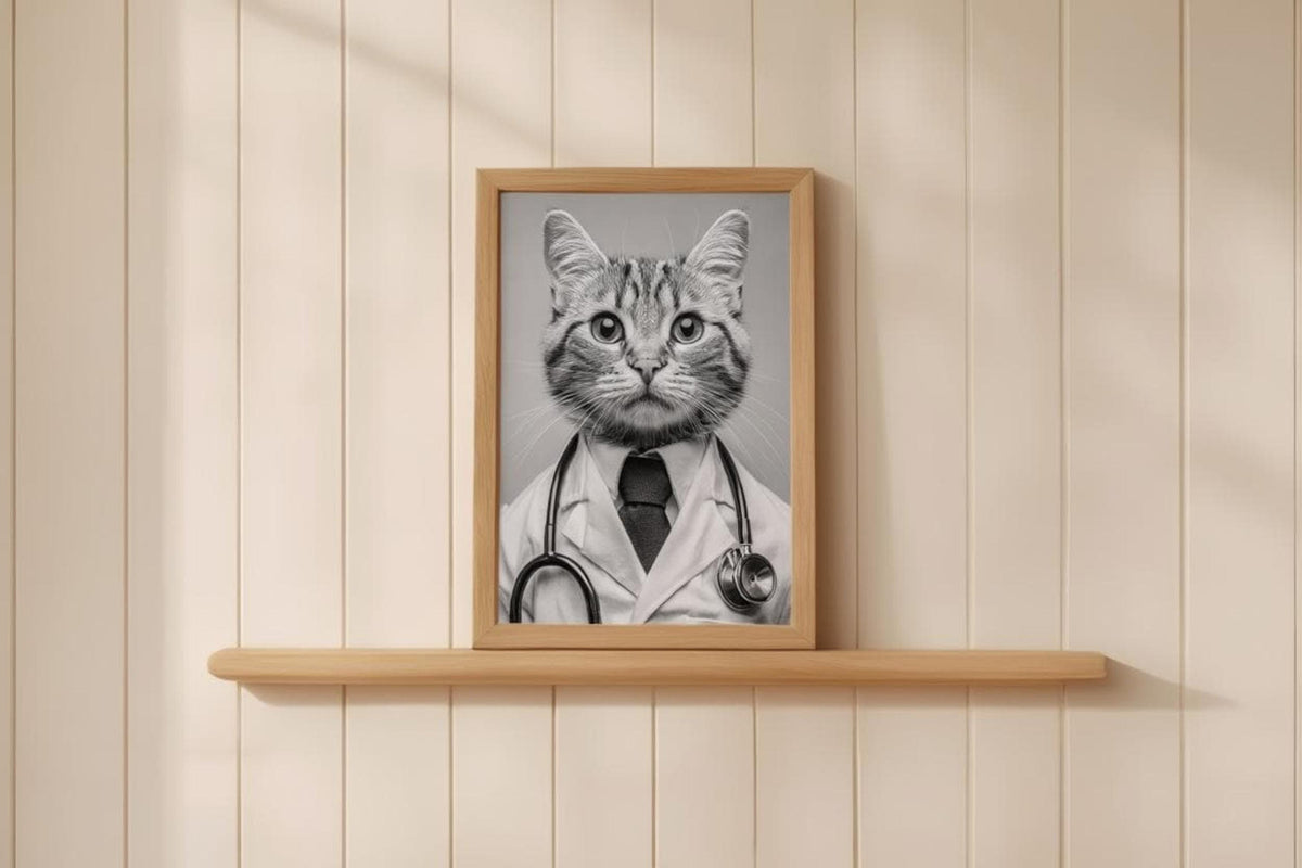 Framed black and white cat doctor print leaning on hardwood floor, funny veterinarian office wall art with stethoscope detail