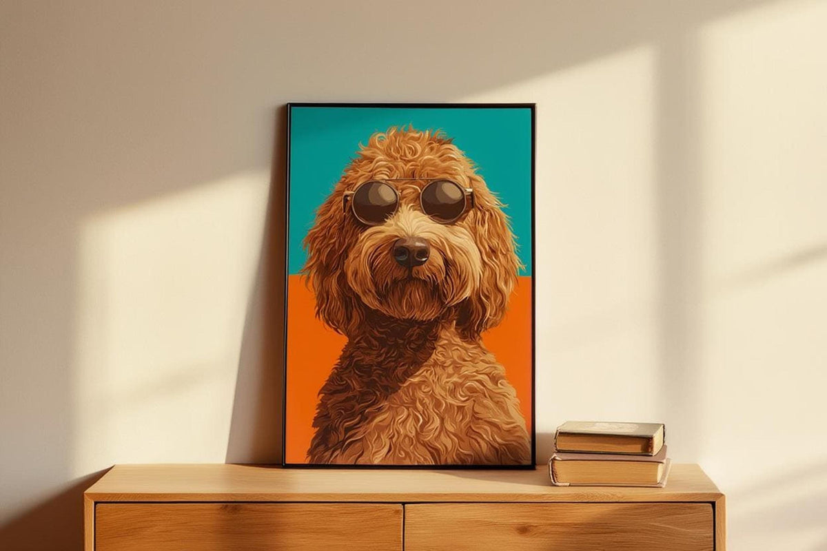 Colorful dog artwork on a low console, bold teal and orange split background makes the brown doodle pop.