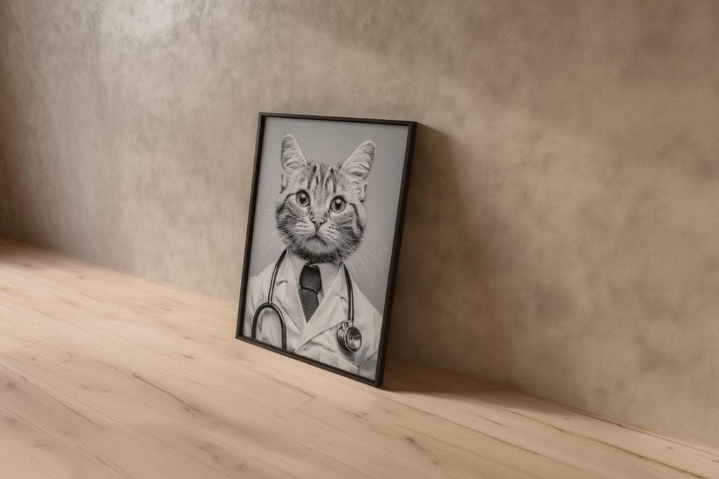 Framed black and white cat doctor print leaning on hardwood floor, funny veterinarian office wall art with stethoscope detail