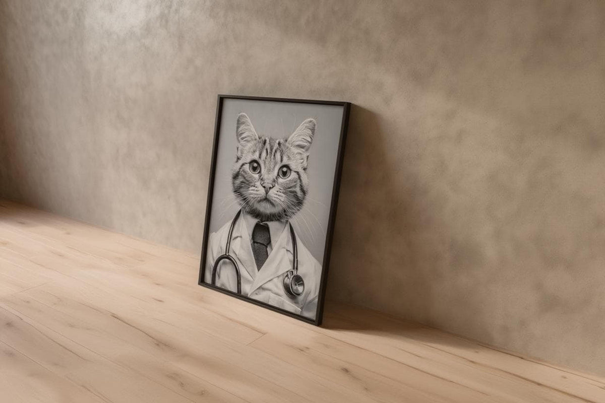 Framed black and white cat doctor print leaning on hardwood floor, funny veterinarian office wall art with stethoscope detail