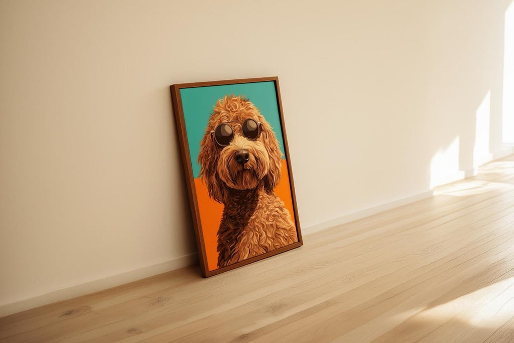 Leaning labradoodle dog print in a bright hallway, doodle dog nursery decor vibe with playful sunglasses detail.