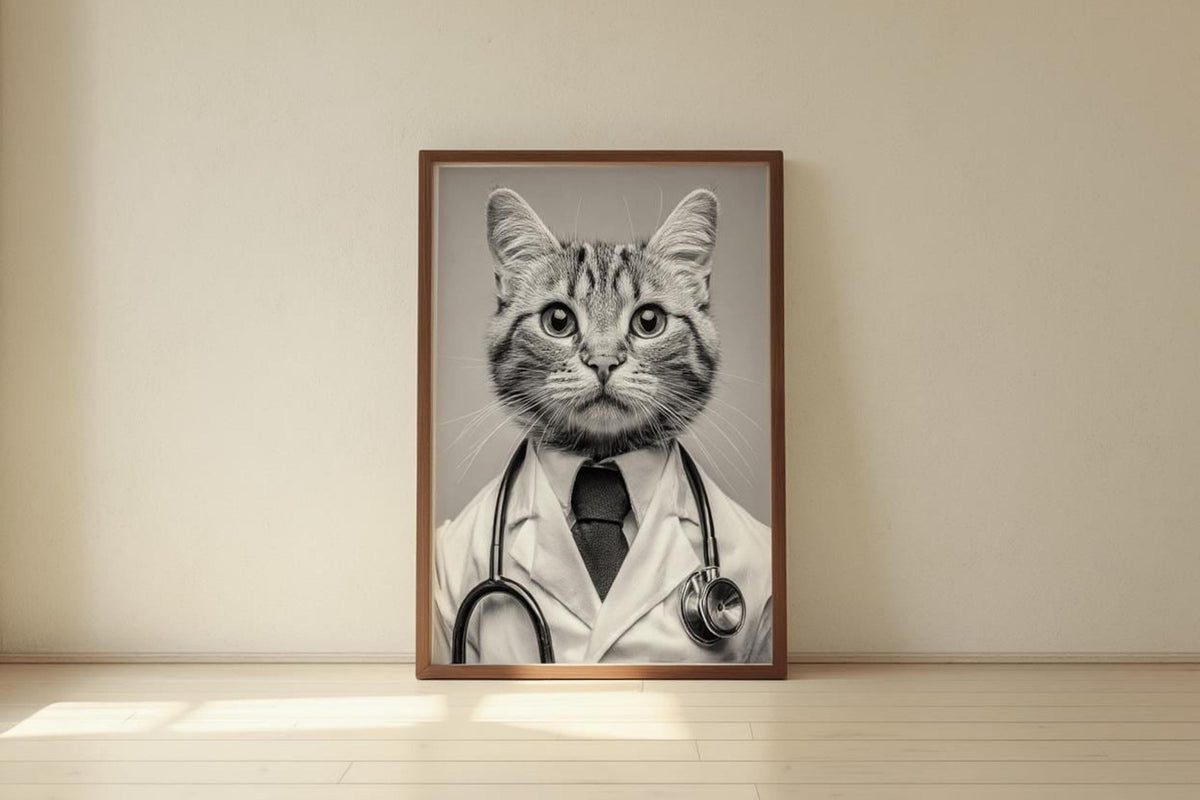 Framed black and white cat doctor print leaning on hardwood floor, funny veterinarian office wall art with stethoscope detail