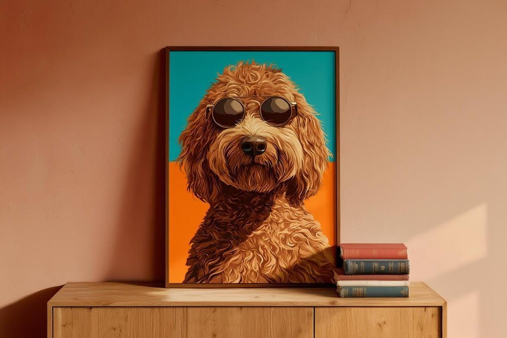 Goldendoodle pop art print centered on a dresser, warm peach wall behind, framed and ready for playful interiors.