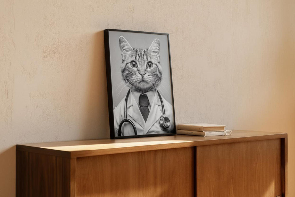 Framed black and white cat doctor print leaning on hardwood floor, funny veterinarian office wall art with stethoscope detail
